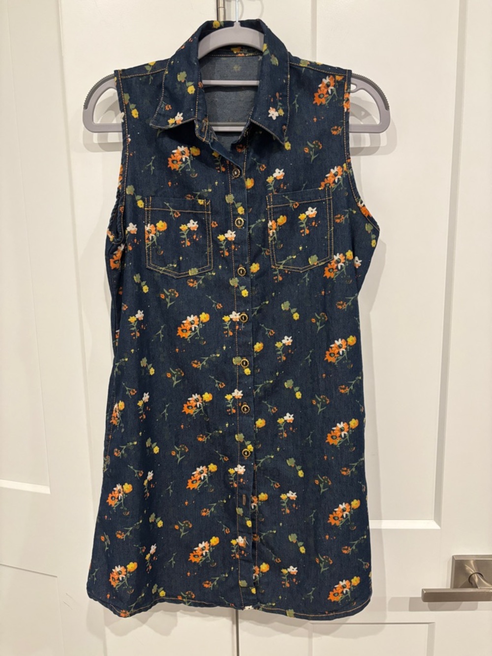 Zara Basic Dark Denim Collared Button Front Floral Print Dress